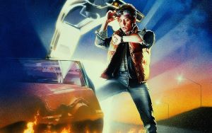 teen examining watch in front of a delorean car